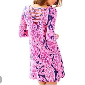 {lilly pulitzer} Navy and Pink Printed Dress with Back Cutout Detail Size Small